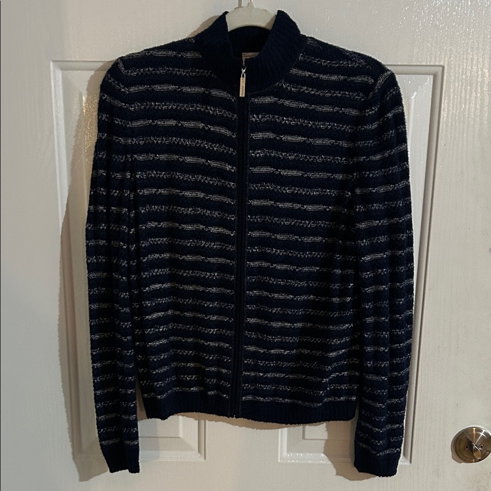 St. John Navy and White Striped Cardigan
